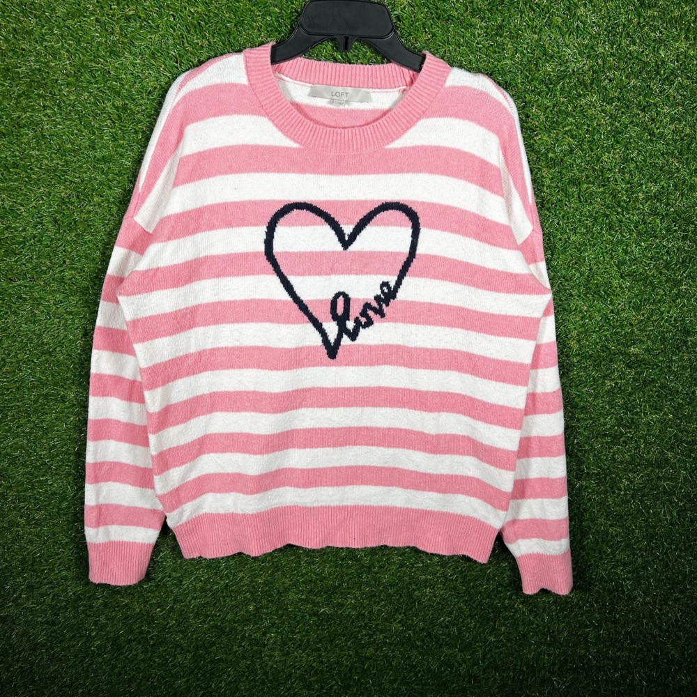 LOFT‎ Womens Pink White Striped Heart Love Graphic Knit Pullover Sweater Large